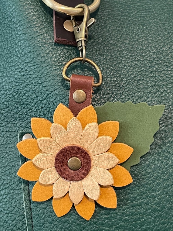 Sunflower Leather Charm Keyring KeyChain Fob Purse Charm Backpack Portland Leather Goods Sunflower, Champagne & Eucalyptus leathers