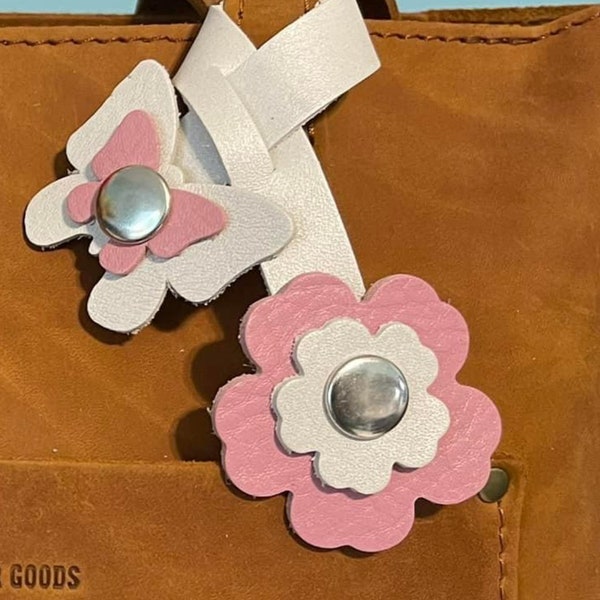 Double Wrap Snap made with Portland Leather Goods Leather Vintage Pink and Pearl leathers. Bag bling purse charm snap flower butterfly