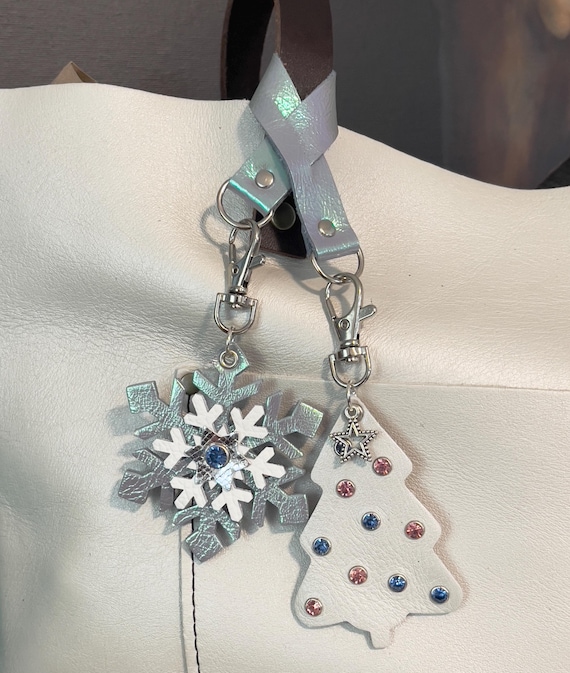 Snowflake Christmas Tree double loop 3 piece set. Pearlescent Iridescent PLG Pearl Leather Purse Flair Charm Keychain Blue Pink Rhinestones