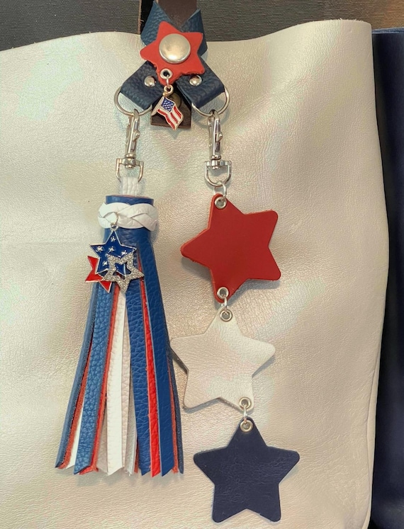 Stars n Stripes 3 piece patriotic flair charms set in red white and blue using PLG Ruby leather. Tassel, 3 Stars double flair holder 8” long
