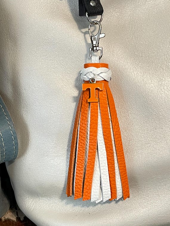 University of Tennessee Volunteers T football white orange leather sports tassel. Purse flair backpack charm bag bling PLG Portland leather