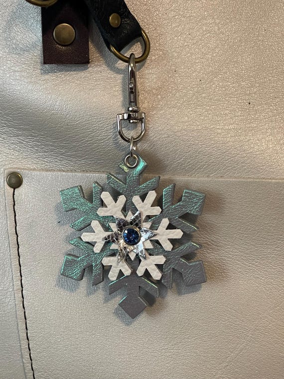 Snowflake Christmas Leather  KeyChain Purse Flair Charm Pearlescent Bluish tint Portland Leather Goods bag charm  4.5” long w/clip 3” wide