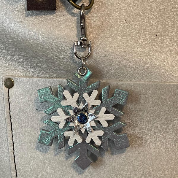 Snowflake Christmas Leather  KeyChain Purse Flair Charm Pearlescent Bluish tint Portland Leather Goods bag charm  4.5” long w/clip 3” wide