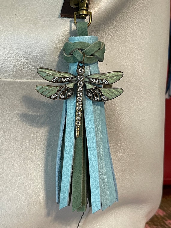 Leather Bag Purse Tassel made with PLG Cabo and Cucumber with large dragonfly charm. 6.5” long with clip Portland Leather Goods bags