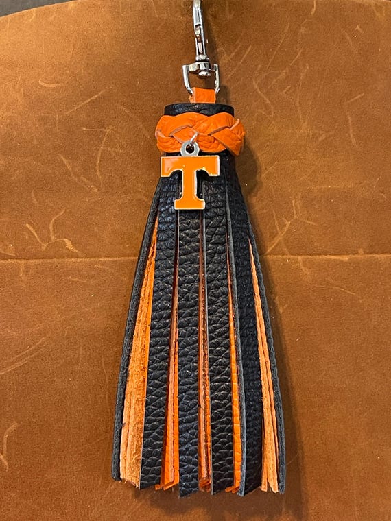 University of Tennessee Volunteers football black orange leather sports tassel. Purse flair, backpack charm, bag bling PLG Portland leather