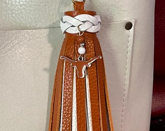 University of Texas Longhorns football white and orange pebble leather 6.5” long. For Portland Leather Goods charm flair backpack bag bling