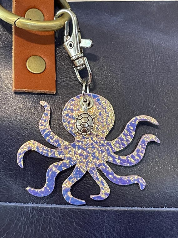 Octopus iridescent Leather sea turtle charm Keyring KeyChain Fob Purse Charm Backpack charm for Portland leather Goods Purse charm