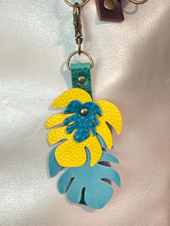 Monstera Leaves Aqua Yellow Baja Leather Keyring KeyChain Fob Purse Flair Charm  for Portland Leather Goods bags 6” long 2.5 wide