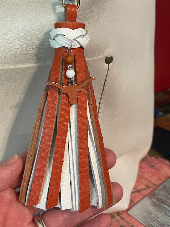 University of Texas Longhorns football white and orange pebble leather 6.5” long. For Portland Leather Goods charm flair backpack bag bling