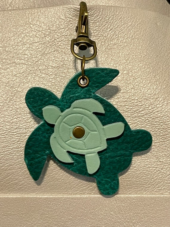 Sea turtle baby Leather Keyring KeyChain Fob Purse Charm Backpack Pebbled green and  Portland Leather Goods Mint leather