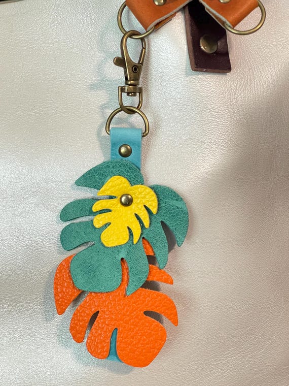 Monstera Leaves Yellow Orange and PLG Reef Leather Keyring KeyChain Fob Purse Flair Charm  for Portland Leather Goods bags 6” long 2.5 wide