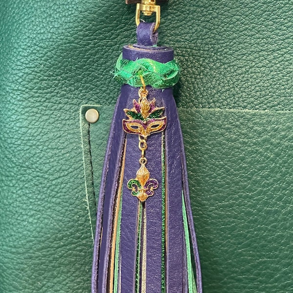 Mardi Gras Leather Bag Purse Tassel Lis De Fluer & mask charm. Metallic purple green gold Leather 6.5” Large for Portland Leather Goods bags