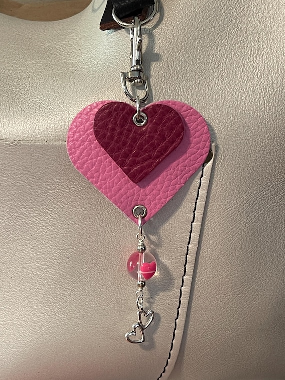 Double heart Valentine’s Day  pink & red Leather Key Chain Purse Flair charm for PLG Portland Leather Bags 2.5” wide 5” long glass bead