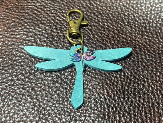 Dragonfly Leather 2 sided turquoise Keyring Key Chain Purse Flair Charm  Portland Leather Goods leather  3” wide and 3” long including clip