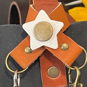 May include: A brown leather strap with a white star and a brass button. The strap is attached to a metal key ring with a brass clasp.