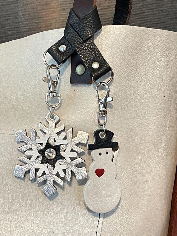 Snowflake Snowman double loop 3 piece set. Pearlescent Iridescent PLG Pearl Leather Purse Flair Charm Keychain