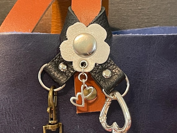 Double loop flair holder to hold 2 separate charms to your PLG Portland Leather Goods Bags Full grain black PLG leather Purse charm keychain