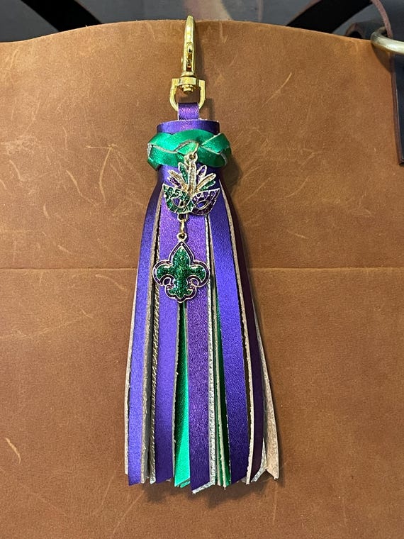 Mardi Gras Leather Bag Purse Tassel Lis De Fluer & mask charm. Metallic purple and green Leather 6.5” Large for Portland Leather Goods bags