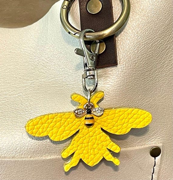 Bumble Bee 2 sided yellow Leather Keyring Key Chain Purse Flair Charm for PLG Portland Leather Goods bags 3” wide and 3” long including clip