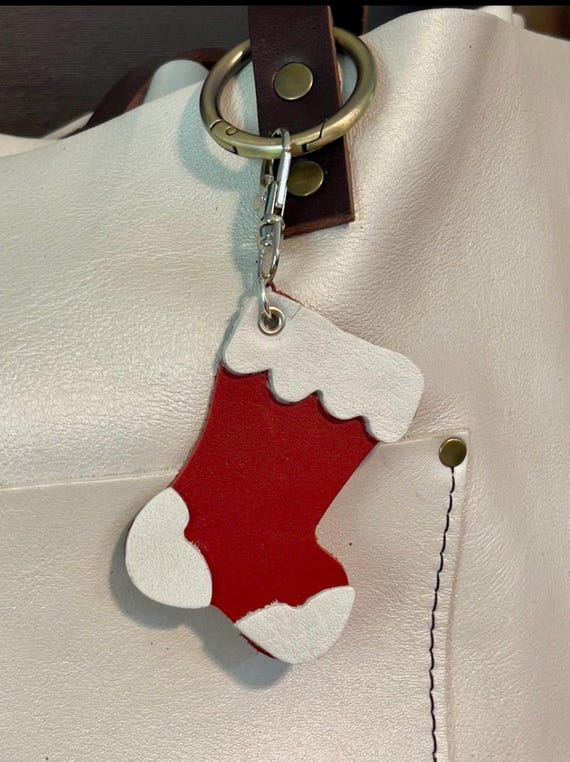 Christmas Stocking Leather Keyring KeyChain Purse Flair Charm PLG Cranberry and Pearl Portland Leather Goods leather 4” long including clip