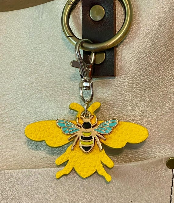 Bumble Bee 2 sided yellow Leather Keyring Key Chain Purse Flair Charm for PLG Portland Leather Goods bags 3” wide and 3” long including clip