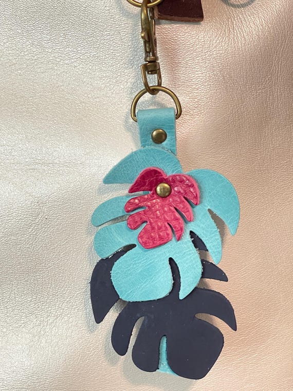 Monstera Leaves Aqua Navy PLG Orchid Leather Keyring KeyChain Fob Purse Flair Charm  for Portland Leather Goods bags 6” long 2.5 wide