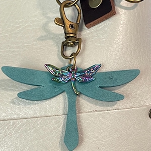 Dragonfly Leather 2 sided turquoise Keyring Key Chain Purse Flair Charm  Portland Leather Goods leather  3” wide and 3” long including clip