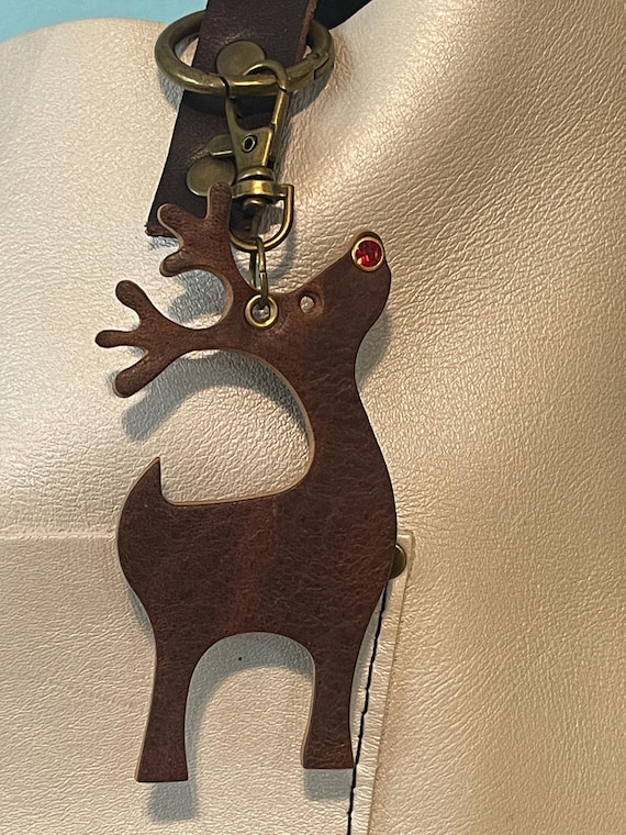 RUDOLPH reindeer 2 sided full grain Leather Keyring Key Chain Purse Flair Charm PLG Portland Leather Goods leather  2” wide and 5” long
