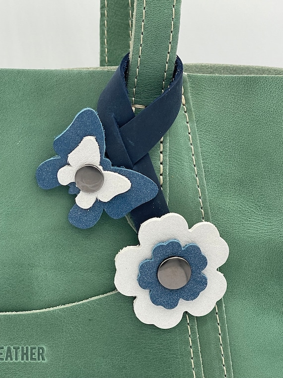 Double Wrap Snap made with Portland Leather Goods Leather. Indigo & Pearl leathers. Bag bling purse charm snap flower butterfly flair