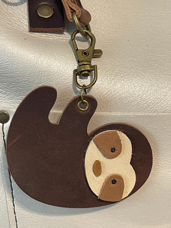 SLOTH Leather KeyChain Purse Flair Charm 3 color full grain leather black bead eye for Portland Leather Goods bags  3.5” long w/clip 3” wide