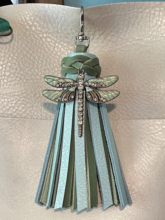Leather Bag Purse Tassel made with PLG Cabo and Cucumber with large dragonfly charm. 6.5” long with clip Portland Leather Goods bags