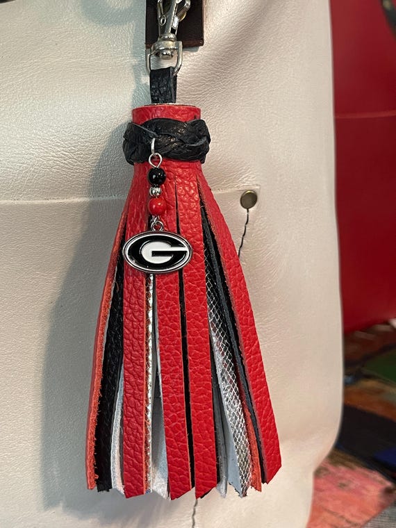 University Georgia Bulldogs red, white, silver and black pebble leather 6.5” long. For Portland Leather Goods charm flair backpack bag bling