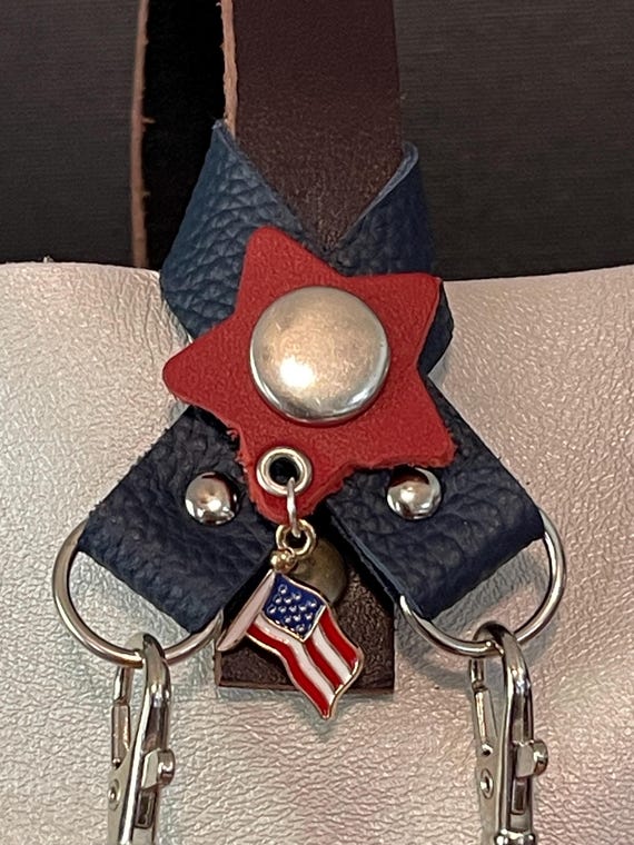 Double loop patriotic flair holder to hold 2 separate charms to PLG Portland Leather Goods Bags blue red American flag Purse charm keychain