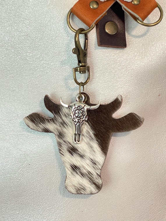 Cow head Hair on hide Leather KeyChain Purse Flair Charm brown tri color leather  for Portland Leather Goods bags  3.5” long w/clip 3” wide