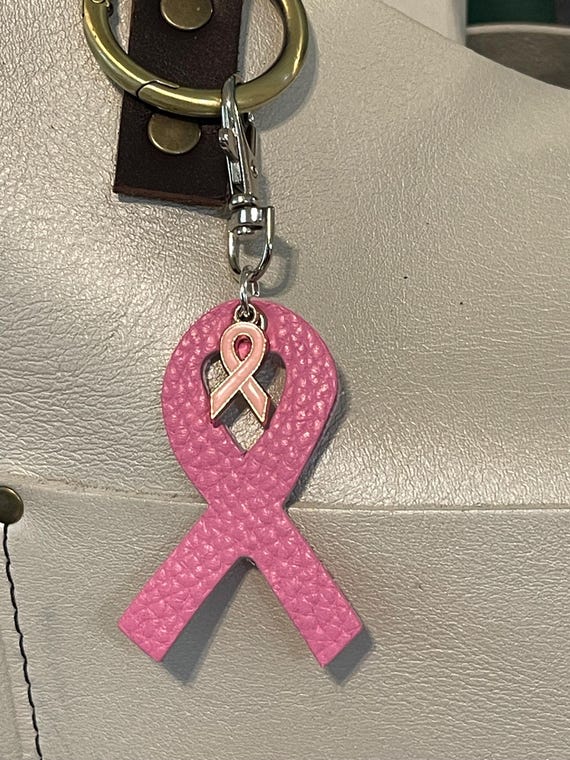 Breast Cancer Awareness Ribbon 2 sided pink Leather Key Chain Purse Flair for PLG Portland Leather Goods Bags 1.25” wide and 3.5” long