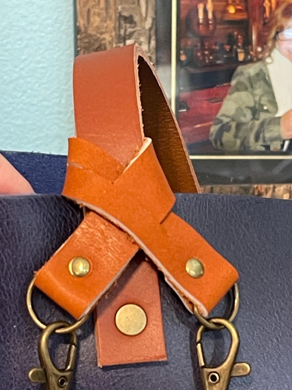 Double loop flair holder to hold 2 separate charms to your PLG Portland Leather Goods Bags Full grain honey tan leather Purse charm keychain