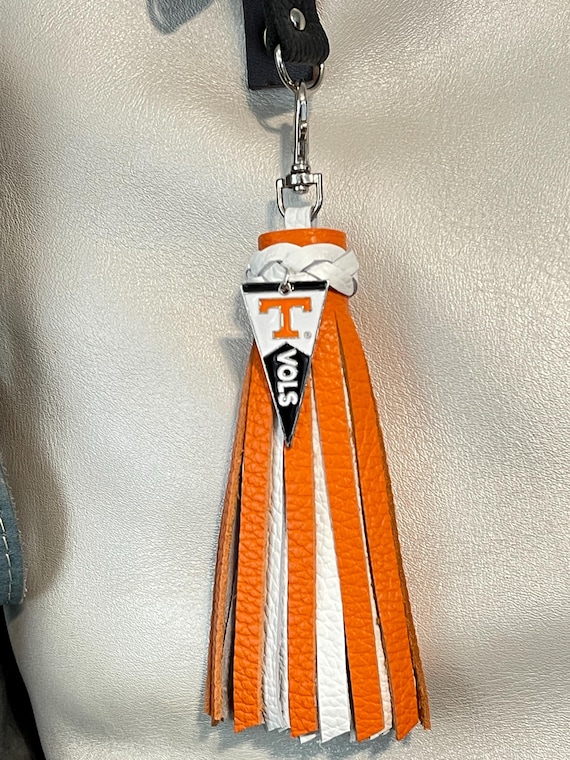 University of Tennessee Volunteers football white orange leather sports tassel. Purse flair backpack charm bag bling PLG Portland leather