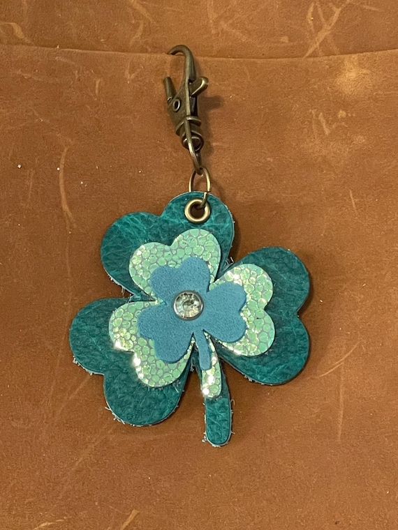 Shamrock Clover Leather Keyring KeyChain Fob Purse Flair Charm mermaid holographic green for Portland Leather Goods bags 4” long 2.75 wide