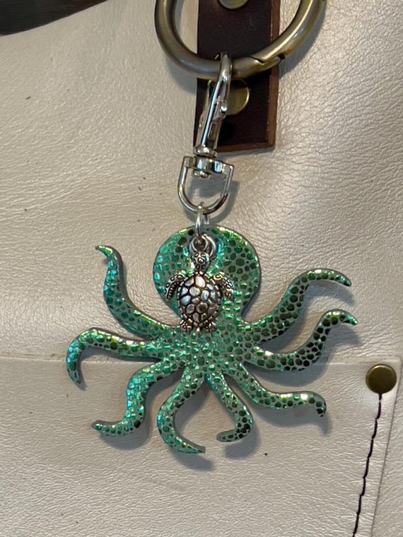 Octopus 2 sided holographic Leather sea turtle charm Keyring KeyChain Fob Purse Charm Portland leather Goods Purse charm 2.5” wide 3.5” long