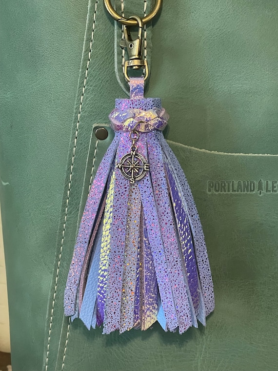 Leather Bag Purse Tassel Compass Charm Iridescent Leather Blue Glitter Leather 6.5” Large for Portland Leather Goods bags