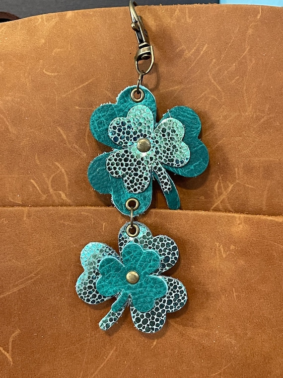 Double Shamrock Clover Leather Keyring KeyChain Fob Purse Flair Charm holographic green for Portland Leather Goods bags 5.5” long 2.75 wide
