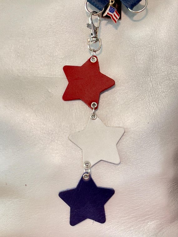 Stars patriotic flair charms in red white and blue using PLG leather. Ruby pearl navy Flair for your Portland Leather Goods Bags 7.5” long
