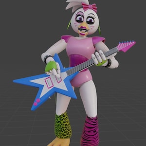 May include: A stylized, animated character of a chicken playing a star-shaped guitar. The character is wearing a pink outfit, green and pink patterned leg warmers, and has a white head with a pink bow. The guitar is blue with a pink neck.