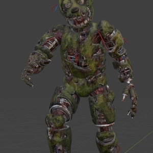 May include: A detailed 3D render of a green, decaying animatronic rabbit with exposed endoskeleton and wires. The figure has a menacing expression, with visible teeth and hollow eyes. The overall aesthetic is one of decay and horror.