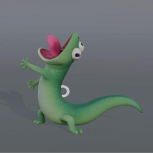 Könnte beinhalten: Ein cartoonartiges grünes Echsen-Design mit herausgestreckter rosa Zunge, ausgestreckten Armen und großen, ausdrucksstarken Augen. Die Eidechse hat einen langen Schwanz und eine weiße Schlaufe an der Seite, vor neutralem Hintergrund.