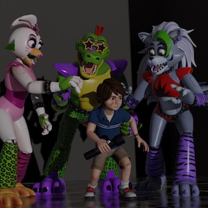 May include: A digital illustration featuring characters from the video game Five Nights at Freddy's: Security Breach. The characters include a boy holding a flashlight, a chicken, a crocodile, and a wolf. The characters are in a dark setting.