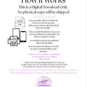 May include: A digital download information sheet with the title "How it works." The text explains the digital download process, including how to download files from Etsy. Includes a PDF icon, a printer, and a smartphone.