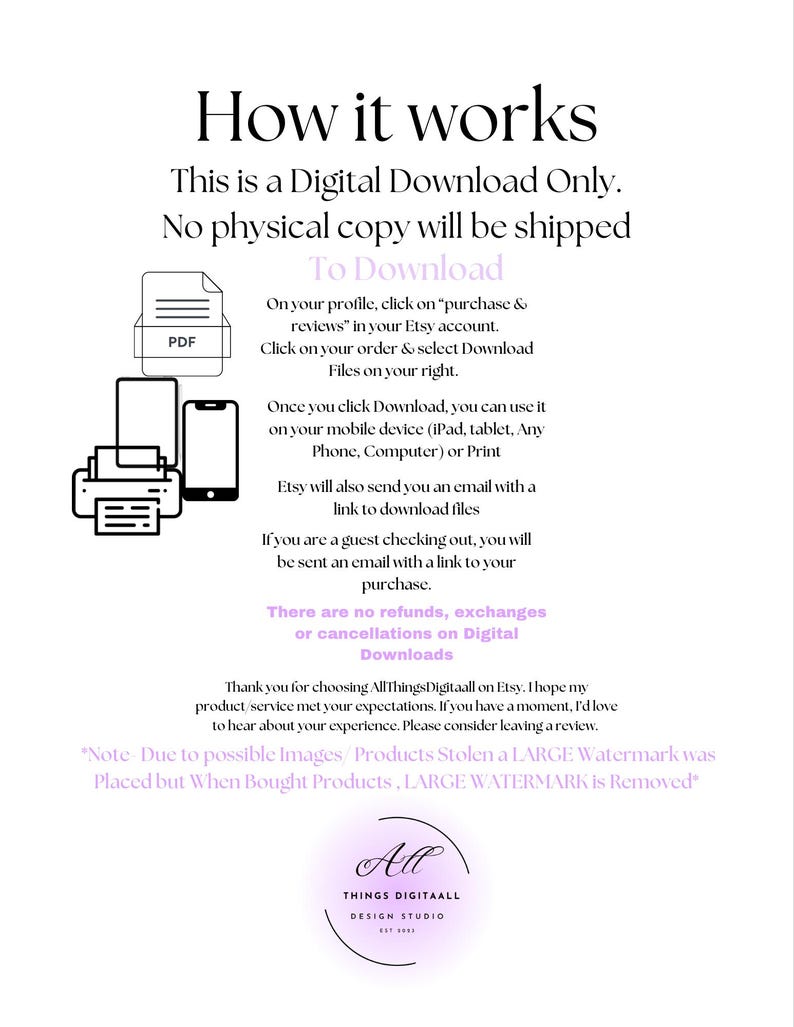 May include: A digital download information sheet with the title "How it works." The text explains the digital download process, including how to download files from Etsy. Includes a PDF icon, a printer, and a smartphone.