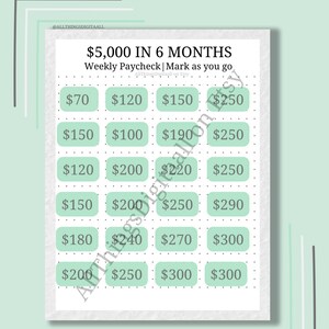 May include: A printable financial savings tracker with a mint green and white design. The text reads "$5,000 IN 6 MONTHS" with weekly paycheck amounts listed in boxes. The document is designed to help track savings goals.
