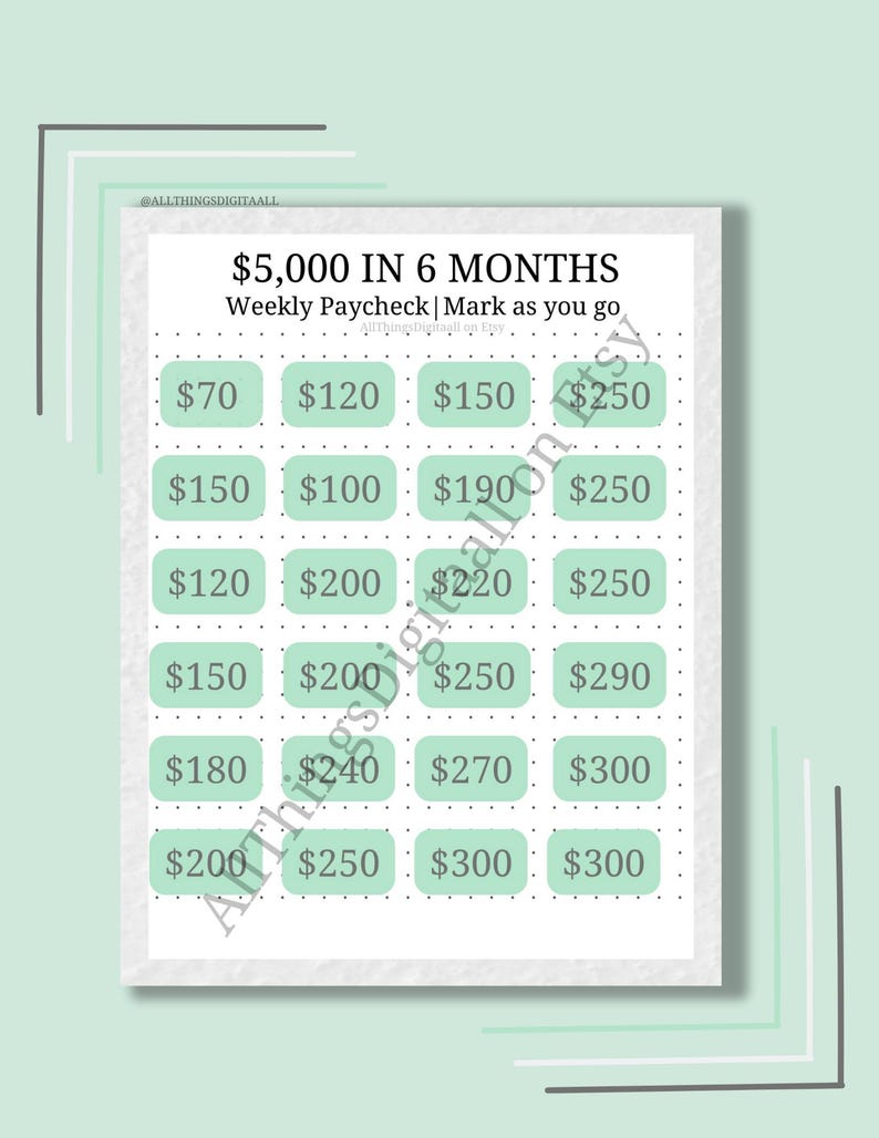 May include: A printable financial savings tracker with a mint green and white design. The text reads "$5,000 IN 6 MONTHS" with weekly paycheck amounts listed in boxes. The document is designed to help track savings goals.